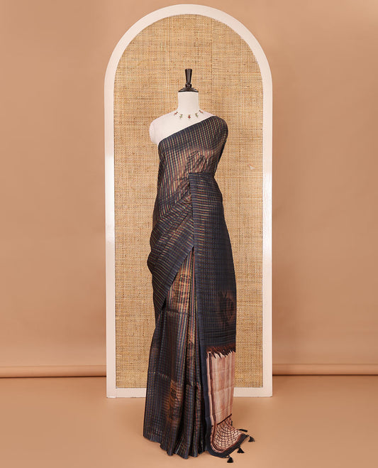 Borderless navy blue checked & clay pot motifs printed fancy tussar saree, contrast women with a pot printed pallu & pot printed blouse