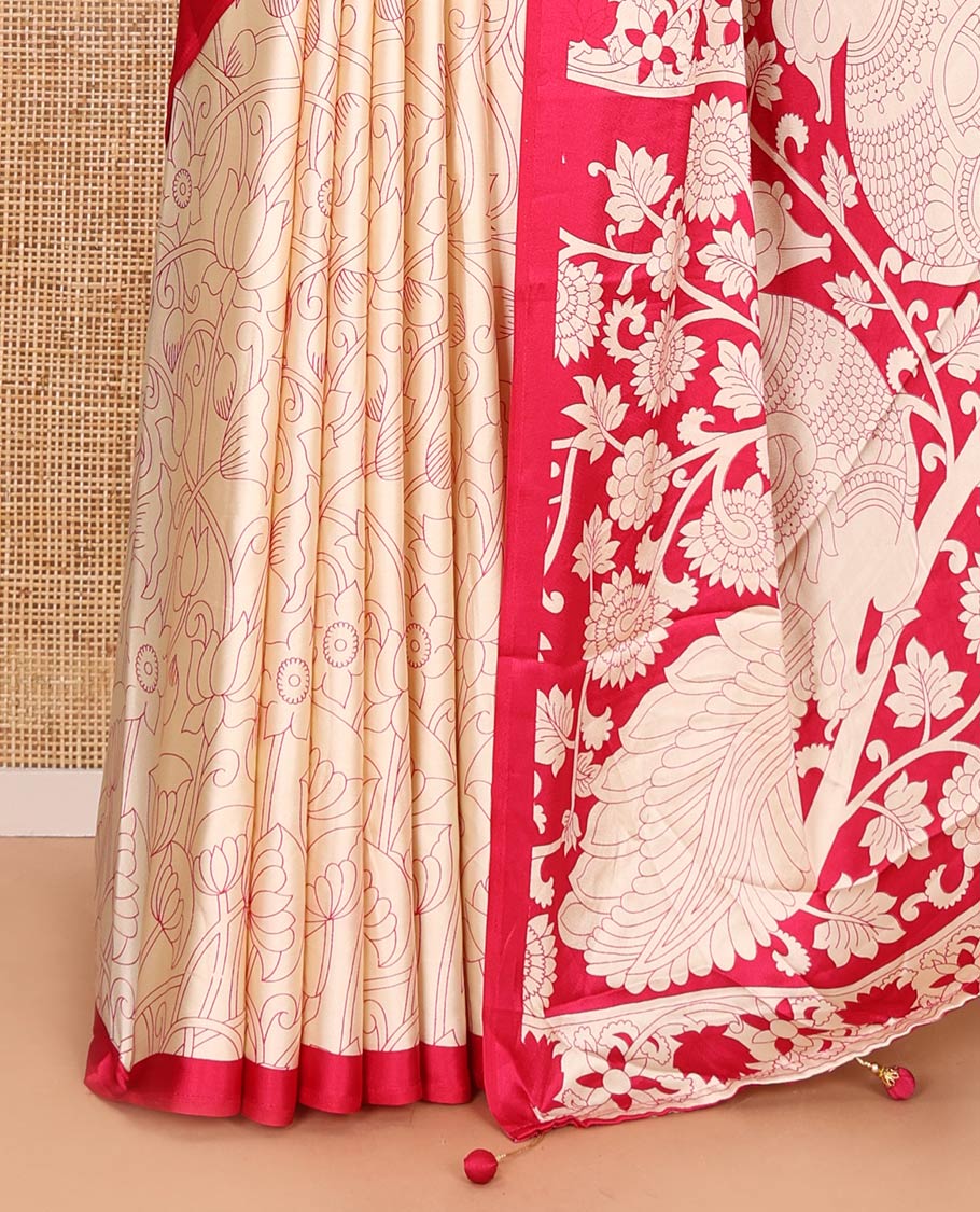 Chikku-rani pink half-and-half plain and kalamkari floral printed satin crepe saree, plain border, pallu of floral vine and peacock printed, and kalamkari floral printed blouse