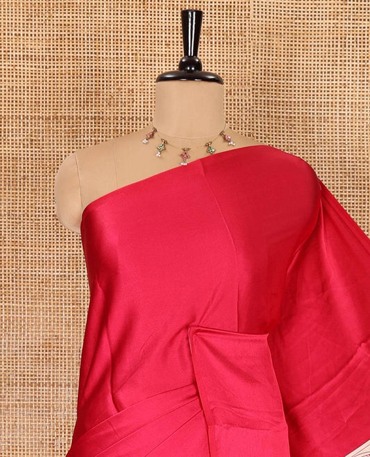 Chikku-rani pink half-and-half plain and kalamkari floral printed satin crepe saree, plain border, pallu of floral vine and peacock printed, and kalamkari floral printed blouse