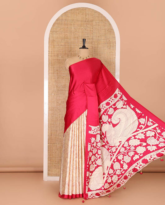 Chikku-rani pink half-and-half plain and kalamkari floral printed satin crepe saree, plain border, pallu of floral vine and peacock printed, and kalamkari floral printed blouse