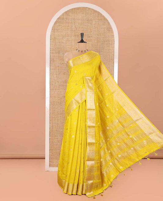Yellow Assam Silk Saree, Featuring Horizontal Zari Stripes and Zari Buttas All Over Its Body, Highlighted by a Traditional Zari Border of Floral Creeper Designs, Zari-Striped Pallu, and Paired with a Matching Blouse