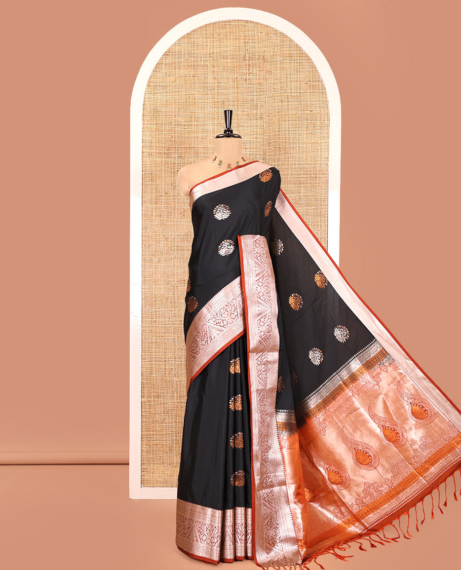 Black-Rust Semi-Soft Silk Saree, Finely Woven with Zari Buttas All Over Its Body, Complemented by a Contrast Traditional Zari Design Border, Intricately Designed Pallu, and Paired with a Contrast Blouse