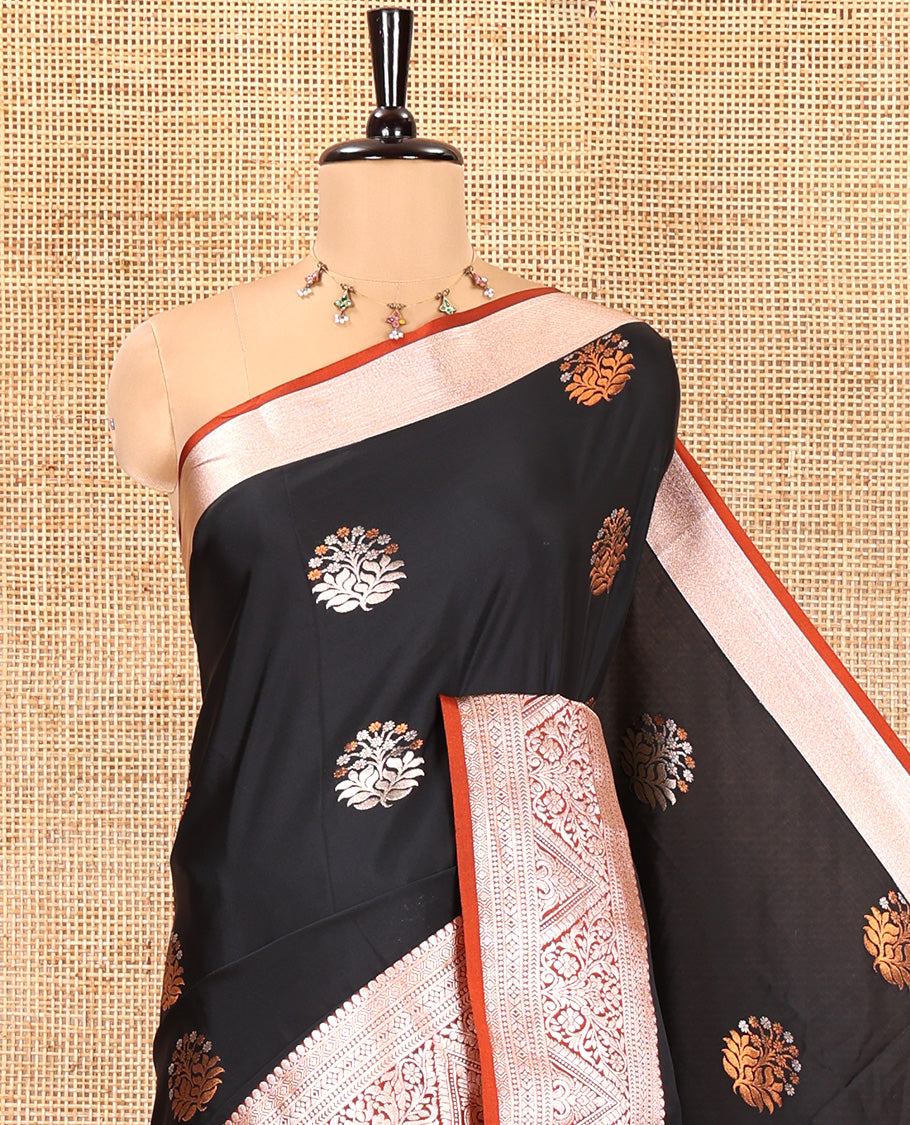 Black-Rust Semi-Soft Silk Saree, Finely Woven with Zari Buttas All Over Its Body, Complemented by a Contrast Traditional Zari Design Border, Intricately Designed Pallu, and Paired with a Contrast Blouse