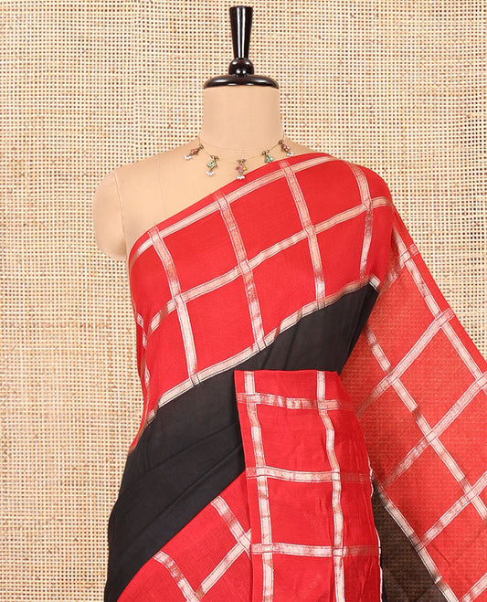 Black Plain Assam Silk Saree, Complemented by Gharchola Checked Border, Gleaming Zari Striped Pallu, and Paired with a Contrast Blouse