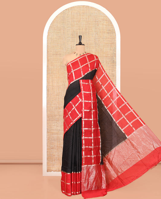 Black Plain Assam Silk Saree, Complemented by Gharchola Checked Border, Gleaming Zari Striped Pallu, and Paired with a Contrast Blouse