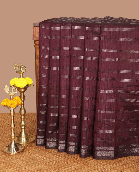 Wine color horizontal line small butta linen saree with double border & zari pallu along with plain blouse