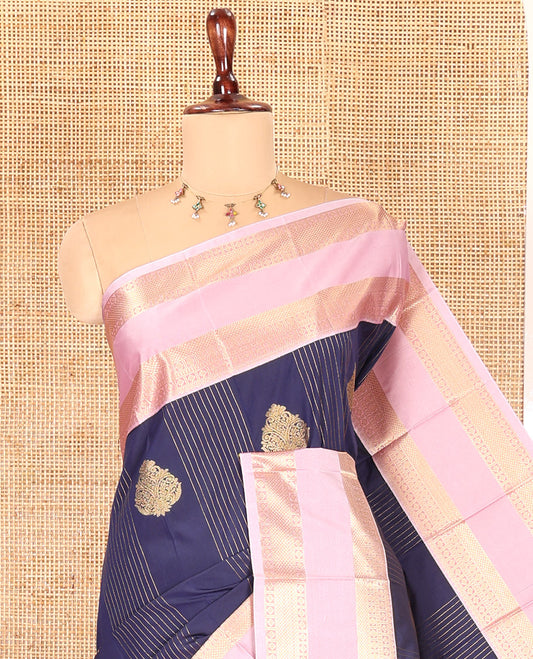 Navy Blue-Chocolate Pink Budget Silk Saree, Accentuated with Zari Designs, Contrast Rettai Pettu Traditional Border, Grand Pallu, a Contrast Blouse