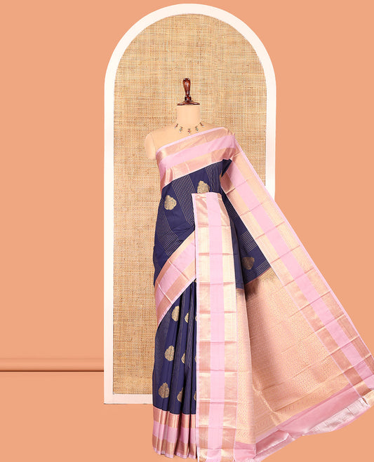 Navy Blue-Chocolate Pink Budget Silk Saree, Accentuated with Zari Designs, Contrast Rettai Pettu Traditional Border, Grand Pallu, a Contrast Blouse