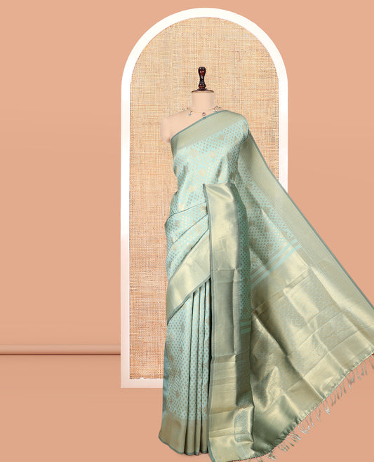 Elachi Green Semi-Silk Saree, Enriched with Jacquard Design, a Traditional Zari Border, Grand Pallu, and a Matching Blouse-Trisha-Inspired
