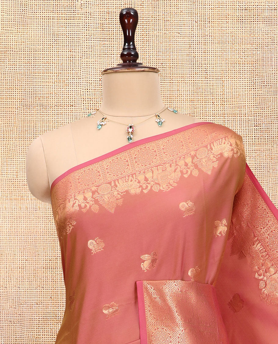 Onion Pink Soft Silk Saree, Adorned with Horse-Peacock Buttas, a Zari Border, Jaal Pallu, and a Matching Blouse