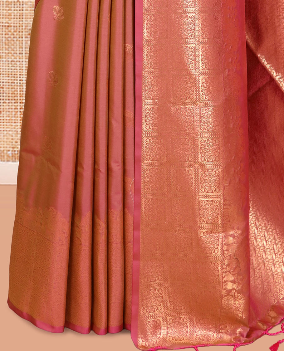 Onion Pink Soft Silk Saree, Adorned with Horse-Peacock Buttas, a Zari Border, Jaal Pallu, and a Matching Blouse
