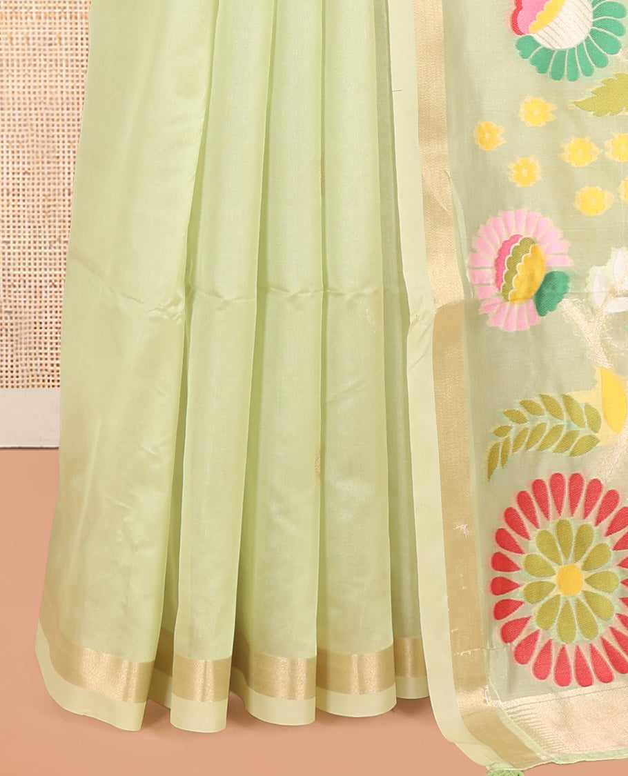 Elachi Green Buttas Fancy Organza Silk Saree, a Zari Border, Paithani Floral Pallu, a Matching Blouse