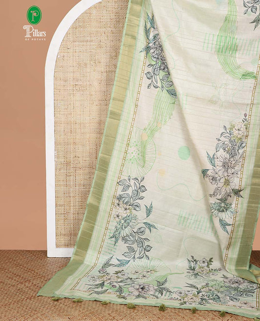 Green digital print, kadi print tussar silk saree with bhavanji border & floral printed pallu along with plain blouse