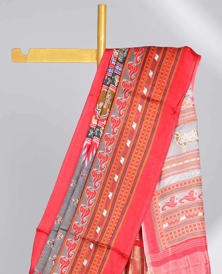 Grey motifs, wedding design  semi-banaras printed saree with contrast border & intricate design pallu