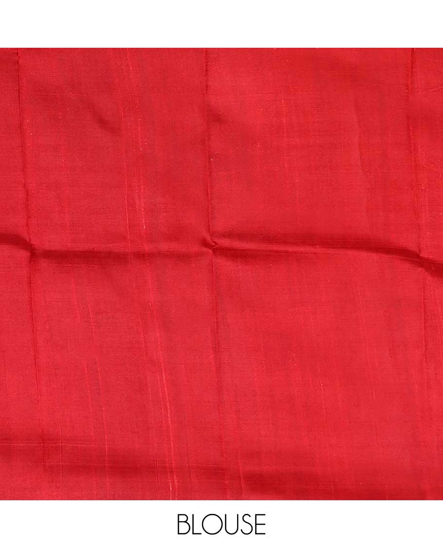 Black polka dot printed silk saree with contrast temple border & floral pallu