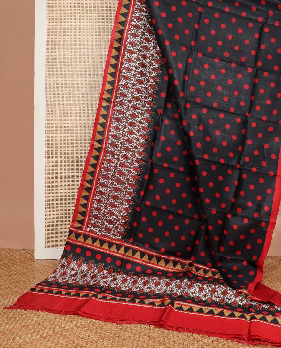 Black polka dot printed silk saree with contrast temple border & floral pallu