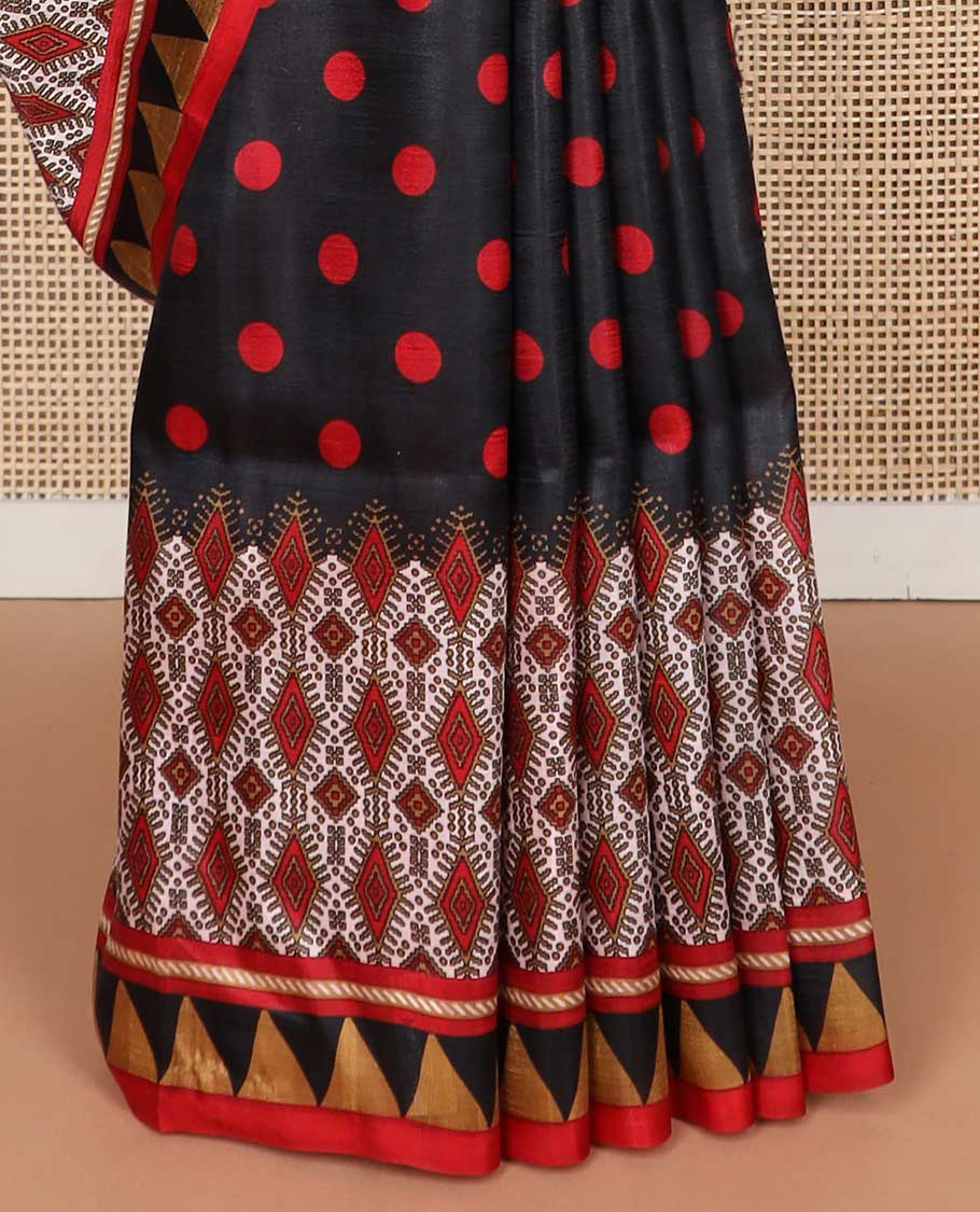 Black polka dot printed silk saree with contrast temple border & floral pallu