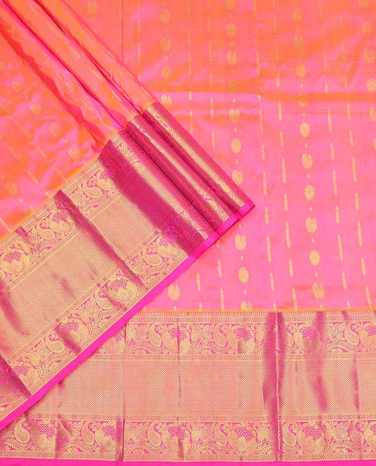 Pink buttas silk half saree with contrast border of banaras, manga design,zari design blouse & zari design border dhavani
