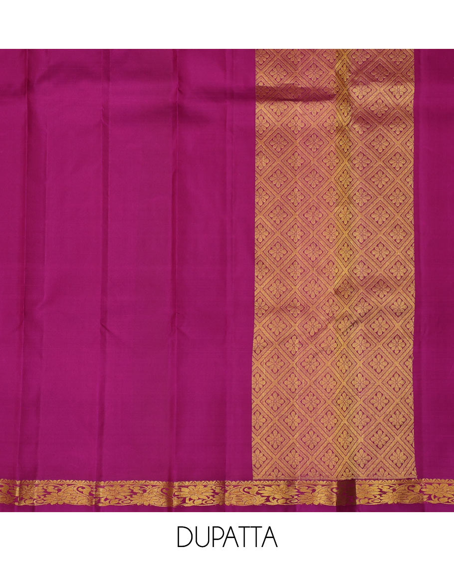 Orange pure-silk half saree, chakram butta enclosed checked skirt, contrast border & blouse of banaras,mayil kann & kodi visiry & intricate dhavani