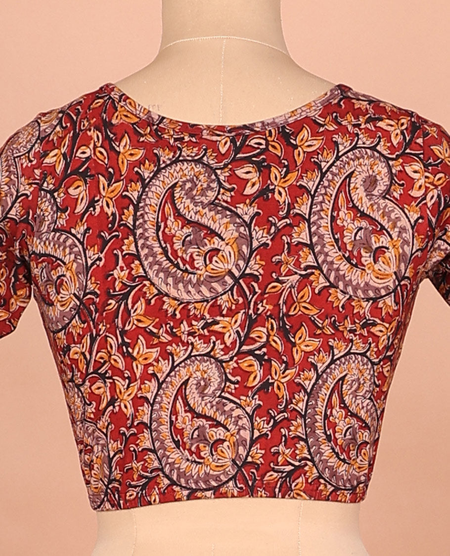 Red paisley vine printed front boat neck elbow sleeve cotton readymade blouse