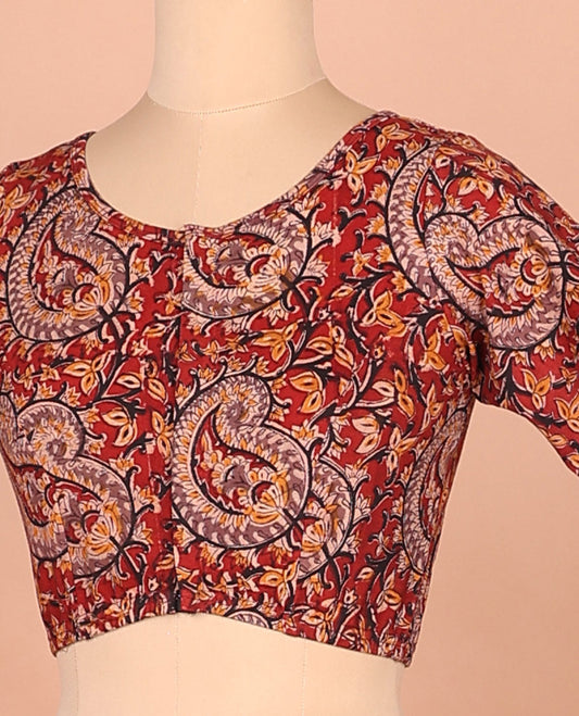 Red paisley vine printed front boat neck elbow sleeve cotton readymade blouse