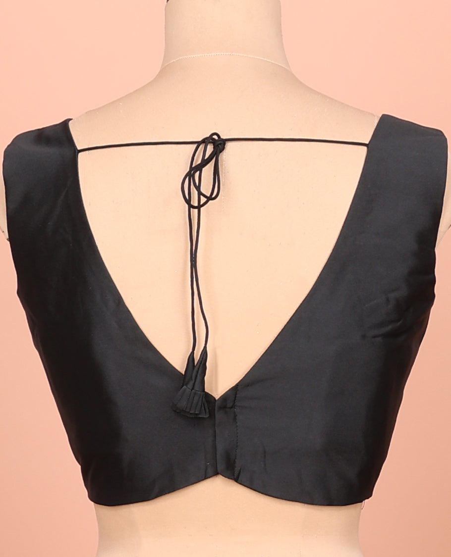 Black Plain Readymade Blouse Featuring a Front V-Neck, Back Deep V-Neck, and Sleeveless