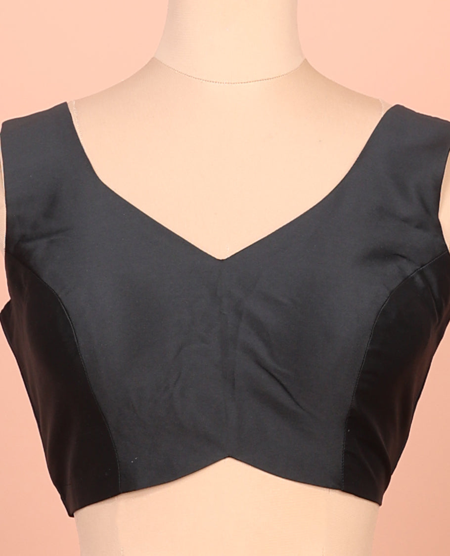 Black Plain Readymade Blouse Featuring a Front V-Neck, Back Deep V-Neck, and Sleeveless