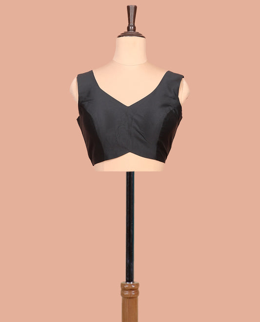 Black Plain Readymade Blouse Featuring a Front V-Neck, Back Deep V-Neck, and Sleeveless