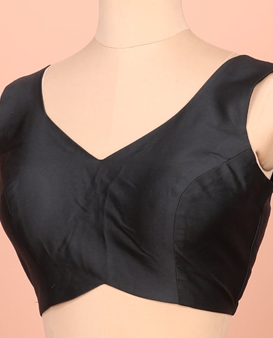 Black Plain Readymade Blouse Featuring a Front V-Neck, Back Deep V-Neck, and Sleeveless