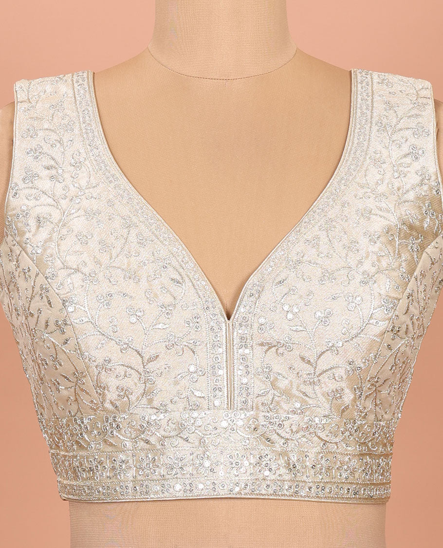 Light gold floral embroidered front sweet heart-neck sleeveless readymade blouse