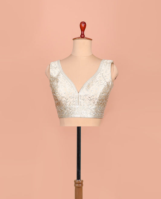 Light gold floral embroidered front sweet heart-neck sleeveless readymade blouse