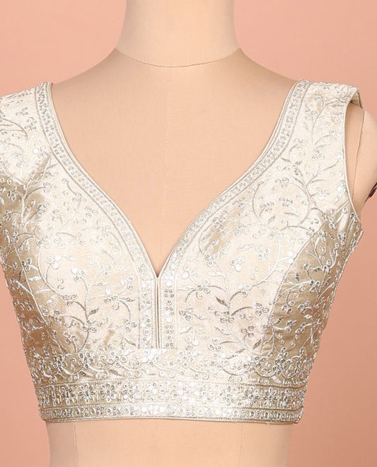 Light gold floral embroidered front sweet heart-neck sleeveless readymade blouse