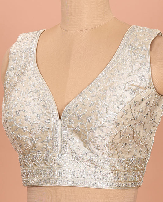 Light gold floral embroidered front sweet heart-neck sleeveless readymade blouse
