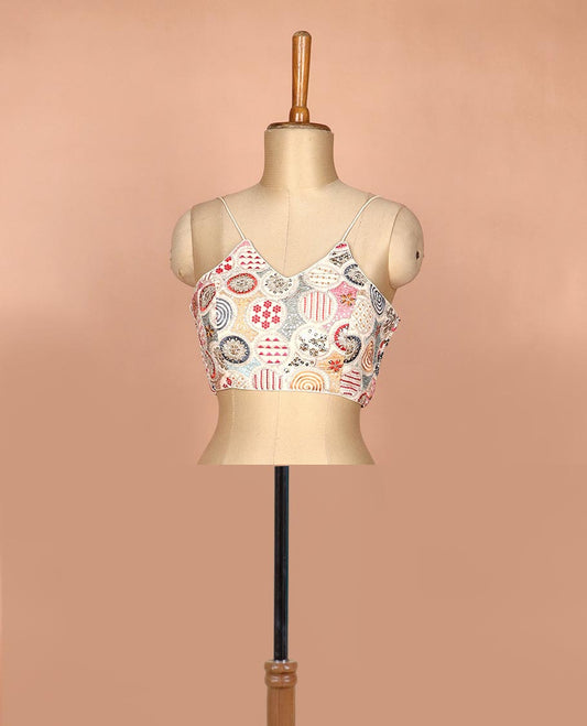 Sandal resham thread and sequins embroidered spaghetti sleeve V-neck readymade blouse