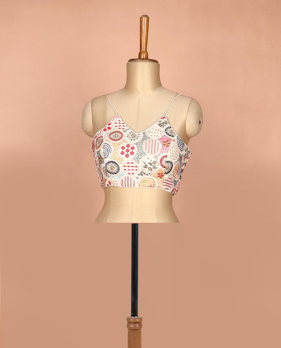 Sandal resham thread and sequins embroidered spaghetti sleeve V-neck readymade blouse