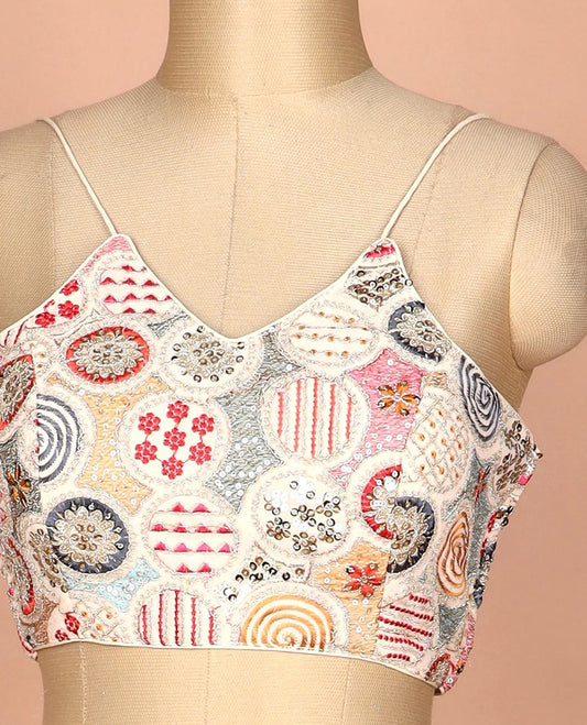 Sandal resham thread and sequins embroidered spaghetti sleeve V-neck readymade blouse