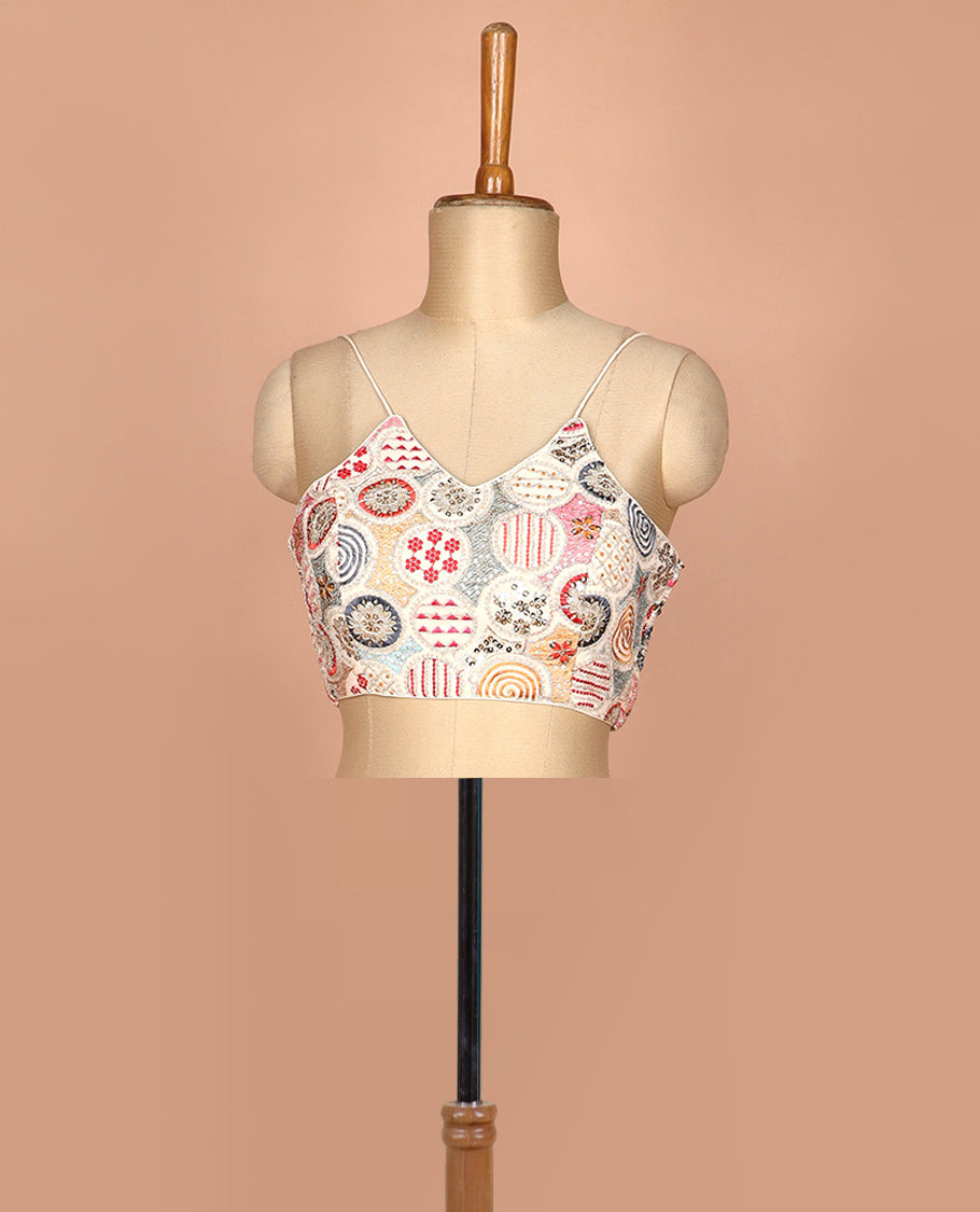 Sandal resham thread and sequins embroidered spaghetti sleeve V-neck readymade blouse