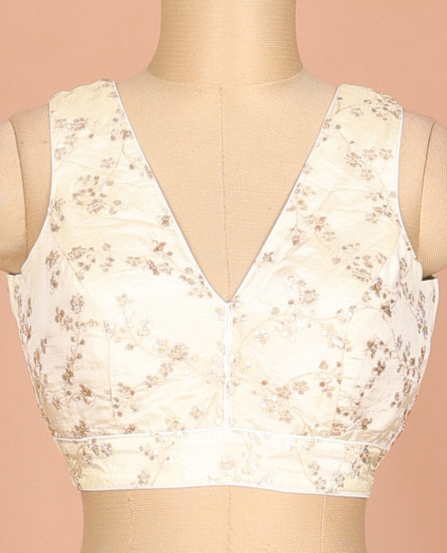 Cream floral vine thread embroidered & sequins work sleeveless readymade blouse with front and back deep-V neck