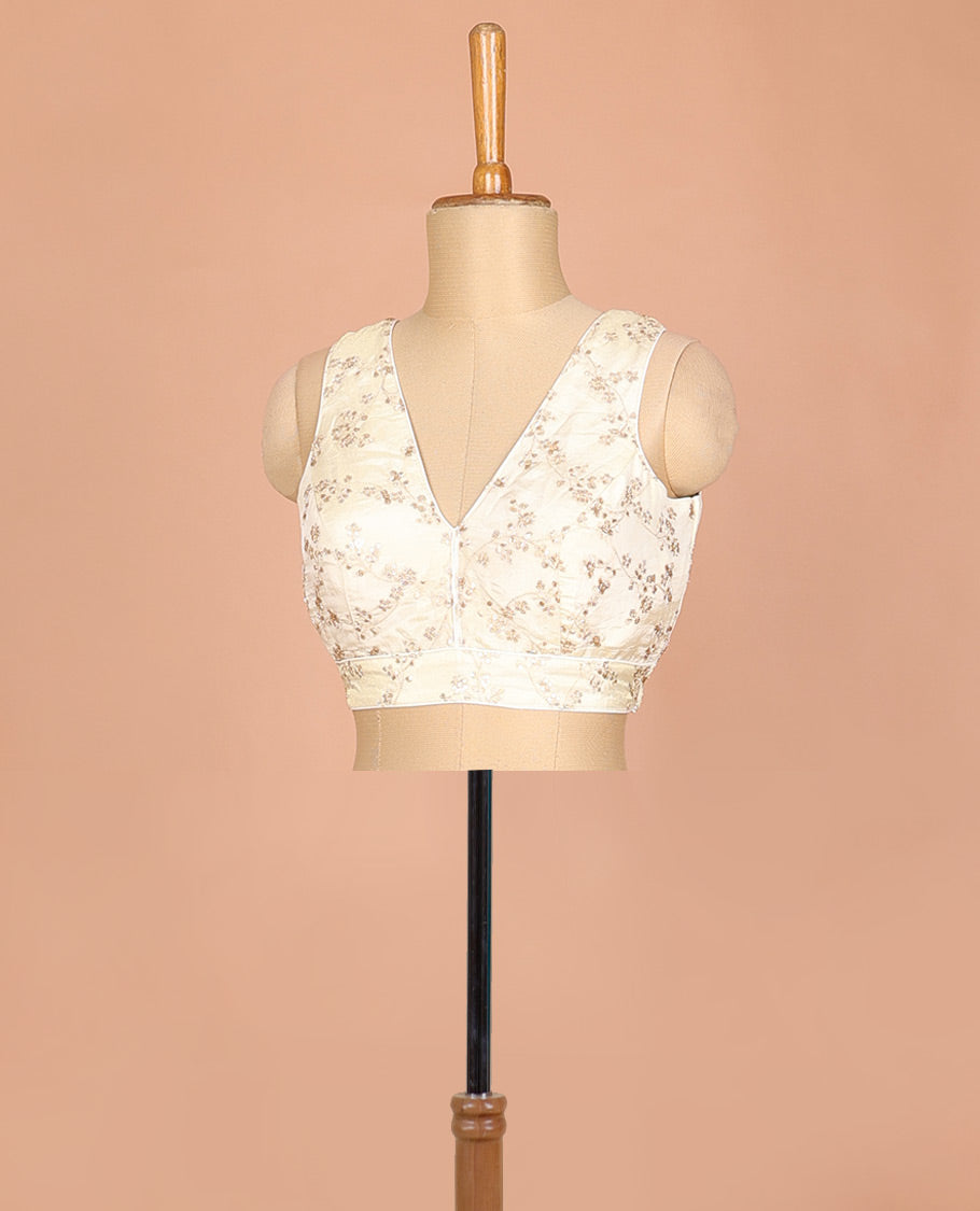Cream floral vine thread embroidered & sequins work sleeveless readymade blouse with front and back deep-V neck