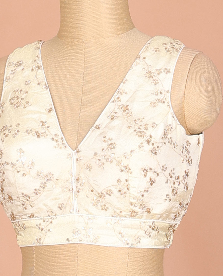 Cream floral vine thread embroidered & sequins work sleeveless readymade blouse with front and back deep-V neck