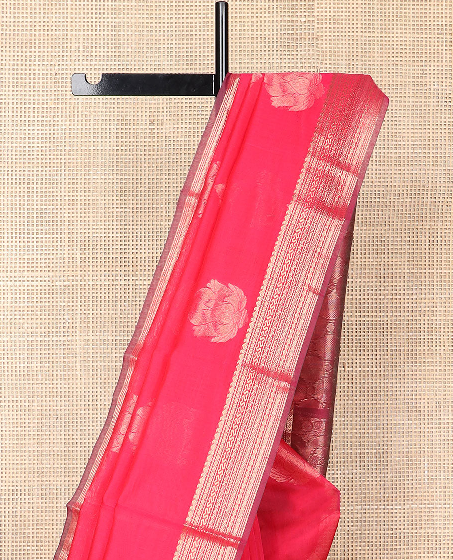 Red motifs silk cotton saree with self zari designb order & floral design pallu