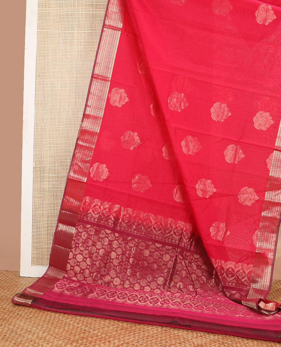 Red motifs silk cotton saree with self zari designb order & floral design pallu
