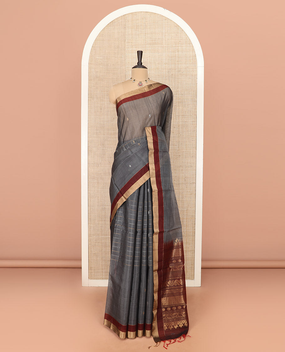 Grey Silk Cotton Saree Highlighted  with Buttas and Checks, Complemented by a Contrast Border, Featuring a Contrast Pallu Steeped With Geometric Zari Designs, and Paired with a Contrast Blouse