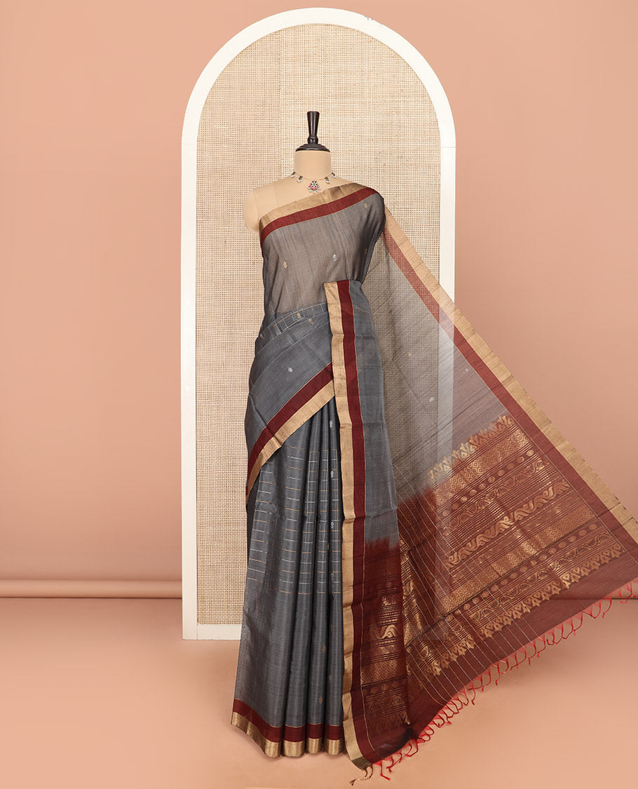 Grey Silk Cotton Saree Highlighted  with Buttas and Checks, Complemented by a Contrast Border, Featuring a Contrast Pallu Steeped With Geometric Zari Designs, and Paired with a Contrast Blouse