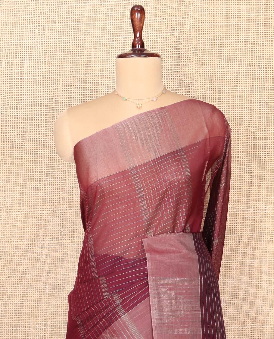 Maroon Silk Cotton Saree, Woven with Stripes and Checks, Complemented by a Contrast Temple Border, Intricately Designed Pallu, and a Contrast Blouse