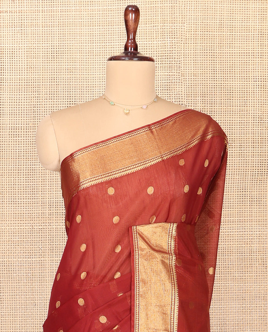 Rust Silk Cotton Saree, Highlighted by Zari Buttas On Its Body, Highlighted by Traditional Zari Border, Contrast Diagonally Woven Pallu and Paired with a Contrast Blouse