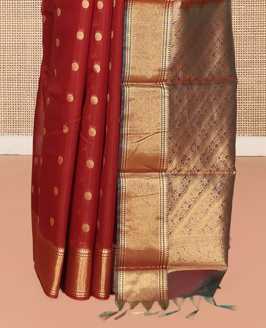 Rust Silk Cotton Saree, Highlighted by Zari Buttas On Its Body, Highlighted by Traditional Zari Border, Contrast Diagonally Woven Pallu and Paired with a Contrast Blouse