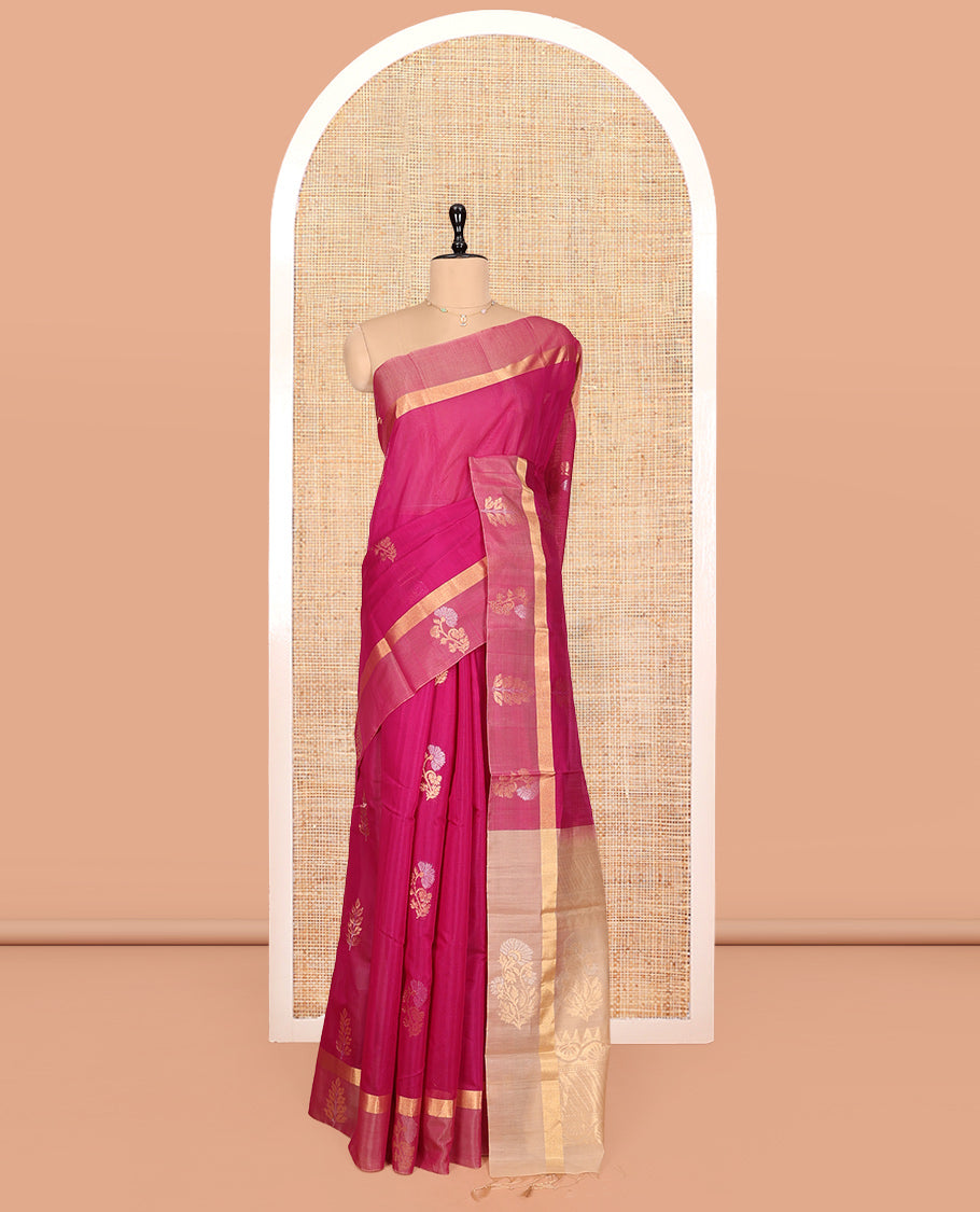 Purple Silk Cotton Saree, Enthralled with Zari Buttas, Contrast Zari Border, Contrast Intricate Pallu, and a Contrast Blouse