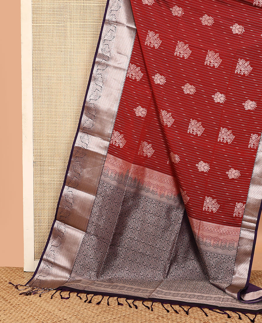 Maroon dotted stripes, and buttas soft silk saree, contrast traditional zari border, and intricate pallu