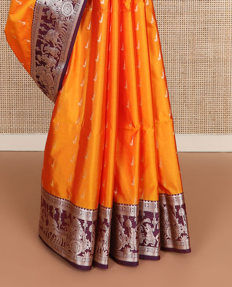 Orange muniya buttas soft silk saree, contrast traditional zari border of wedding-theme designs, and jaal pallu